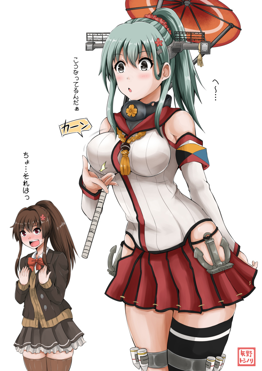 2girls, artist_name, black_legwear, blouse, breasts, brown_eyes, brown_hair, brown_jacket