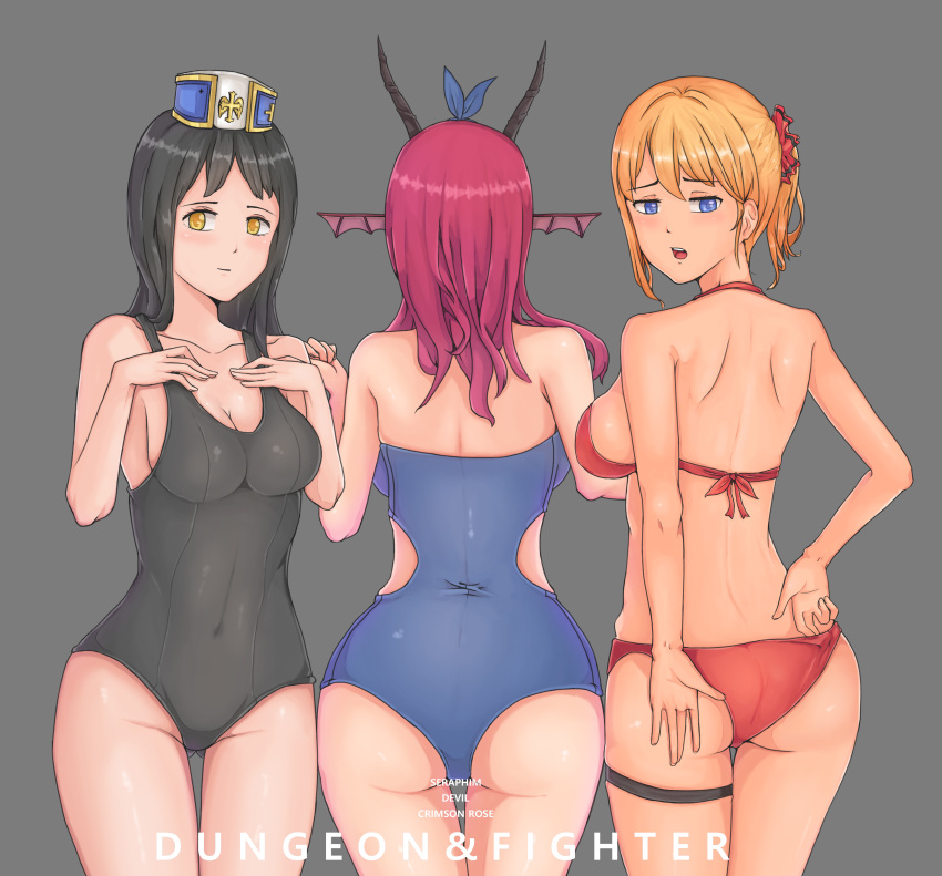 3girls, absurdres, ass, back, bangs, bare_arms, bare_shoulders, bikini, bikini_pull, black_hair, black_swimsuit, blonde_hair, blue_bow, blue_eyes, blue_swimsuit, bow, breasts, character_name, cleavage, copyright_name, covered_navel, cowboy_shot, demon_horns, dkflkkldf, dungeon_and_fighter, eyebrows_visible_through_hair, eyelashes, from_behind, gluteal_fold, grey_background, hair_bow, hair_ornament, hairband, hat, head_fins, highres, horns, large_breasts, legs_together, long_hair, looking_at_viewer, looking_back, multiple_girls, one-piece_swimsuit, ponytail, pulled_by_self, red_bikini, red_bow, redhead, school_swimsuit, short_hair, shoulder_blades, sideboob, simple_background, skindentation, smile, standing, strapless, strapless_swimsuit, swimsuit, thigh_gap, yellow_eyes