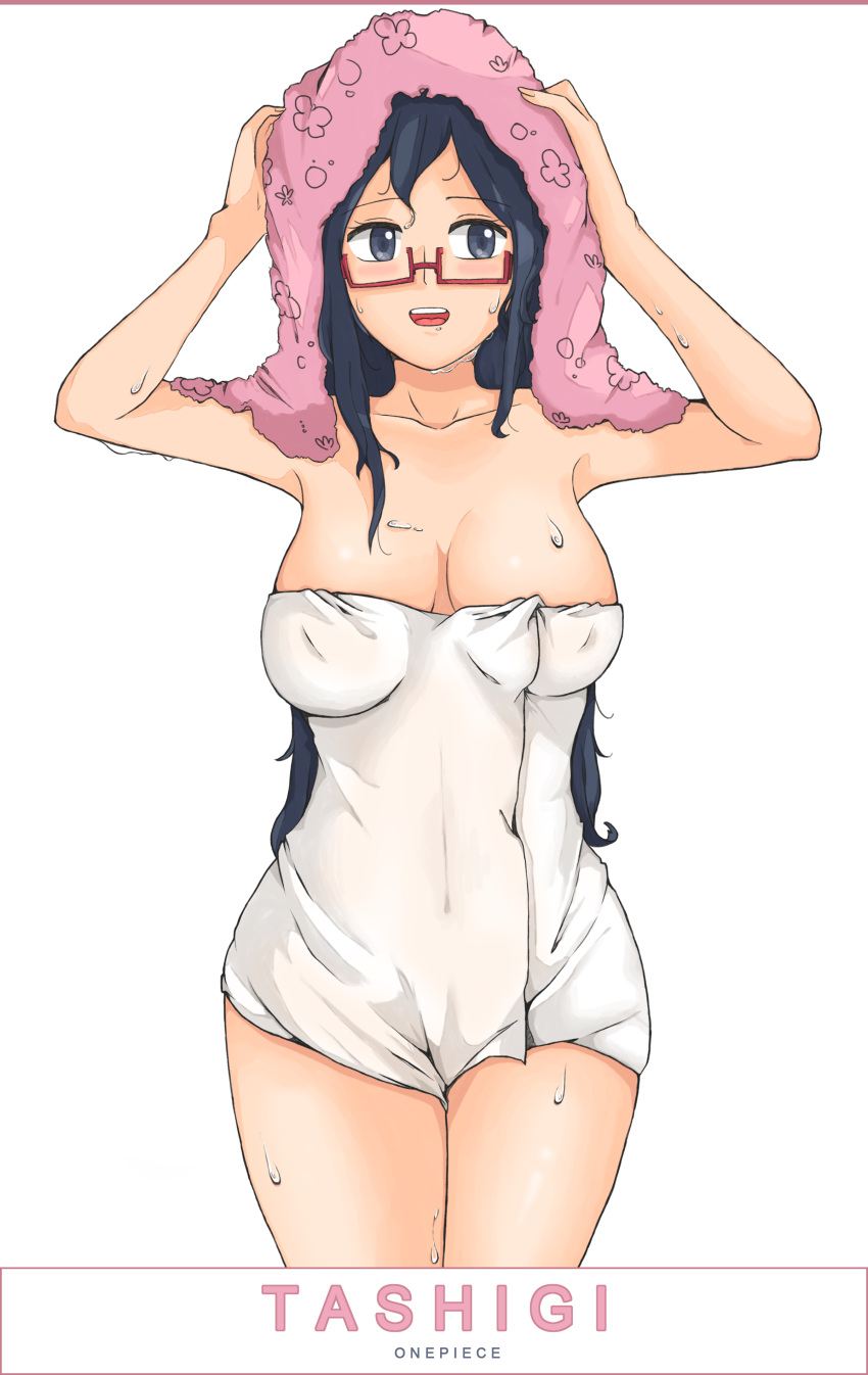 1girl, :d, absurdres, bare_arms, bare_shoulders, blue_eyes, blue_hair, blush, breasts, breasts_apart, character_name, collarbone, copyright_name, cowboy_shot, dkflkkldf, erect_nipples, eyelashes, fingernails, glasses, hands_on_own_head, hands_up, highres, long_fingernails, long_hair, medium_breasts, naked_towel, one_piece, open_mouth, red-framed_eyewear, semi-rimless_glasses, simple_background, smile, solo, standing, tashigi, tongue, towel, towel_on_head, under-rim_glasses, upper_teeth, wet, white_background, white_towel