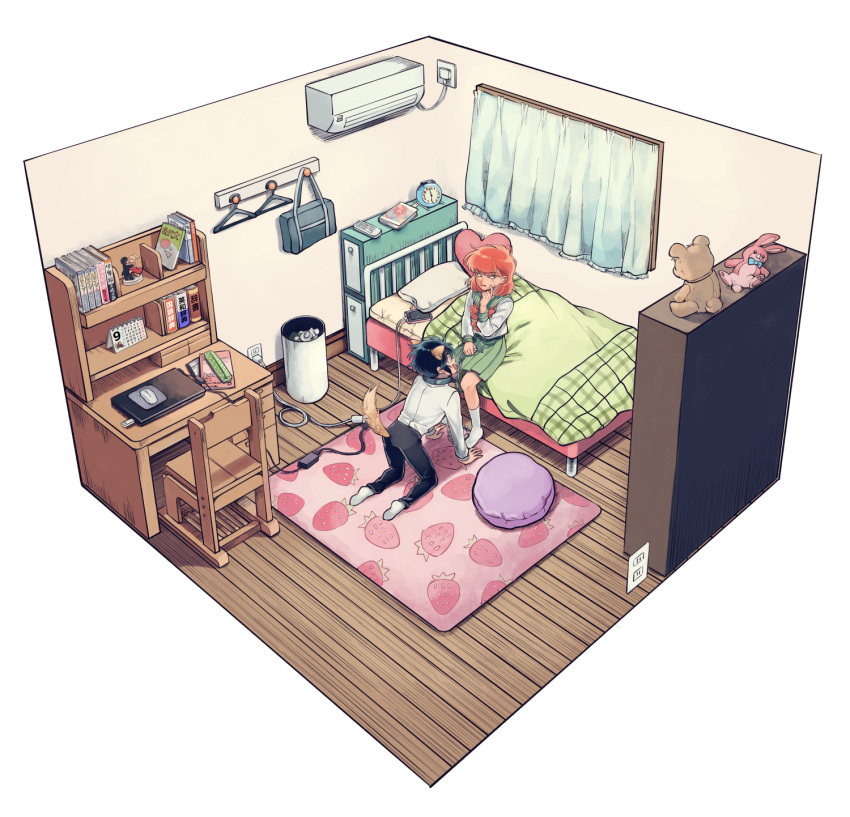 1boy, 1girl, air_conditioner, alarm_clock, animal_ears, bag, bed, black_hair