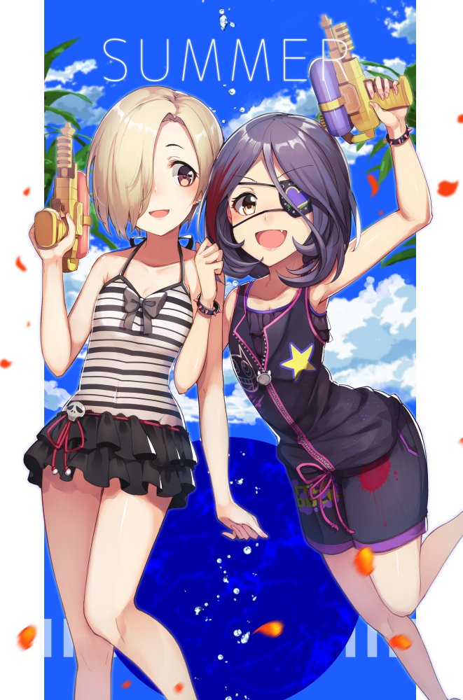 >:d, 10s, 2girls, :d, bare_shoulders, blonde_hair, blue_sky, bracelet