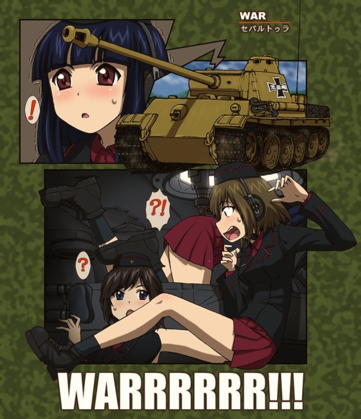 !, !?, 3girls, ?, ankle_boots, bangs, black_boots, black_hair, black_hat, black_jacket, black_legwear, blue_eyes, blunt_bangs, boots, brown_hair, colored_pencil_(medium), comic, dress_shirt, emblem, english, extra, garrison_cap, girls_und_panzer, ground_vehicle, hat, headphones, jacket, kneeling, kuromorimine_(emblem), kuromorimine_military_uniform, long_hair, long_sleeves, looking_at_another, military, military_hat, military_uniform, military_vehicle, miniskirt, motor_vehicle, multiple_girls, open_mouth, pleated_skirt, red_shirt, red_skirt, shirt, short_hair, sitting, skirt, socks, spoken_exclamation_mark, spoken_interrobang, spoken_question_mark, sweatdrop, tank, tank_interior, toyomaru, traditional_media, trembling, uniform, vehicle_request, violet_eyes