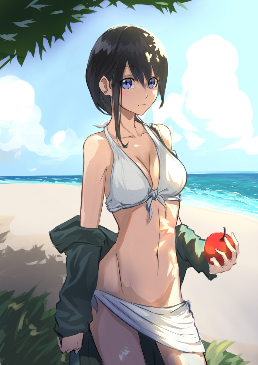 1girl, apple, asymmetrical_hair, bangs, beach, bikini, black_hair, blue_eyes, bottomless, breasts, closed_mouth, coat, collarbone, cowboy_shot, day, eyebrows_visible_through_hair, food, front-tie_bikini, front-tie_top, fruit, hai_to_gensou_no_grimgar, hair_between_eyes, hair_over_shoulder, halter_top, halterneck, highres, holding, holding_fruit, leris_muma, long_hair, looking_at_viewer, merry_(grimgar), navel, no_panties, ocean, open_clothes, open_coat, outdoors, sarong, sidelocks, solo, swimsuit, white_bikini