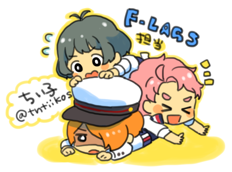 >_<, /\/\/\, 3boys, :d, akizuki_ryou, antenna_hair, blush_stickers, brown_hair, chibi, chiiko_(handakuon), f-lags_(idolmaster), flying_sweatdrops, hair_over_one_eye, hat, idolmaster, idolmaster_side-m, kabuto_daigo, long_sleeves, male_focus, multiple_boys, open_mouth, orange_hair, outstretched_arms, pink_hair, shaded_face, smile, tsukumo_kazuki, twitter_username