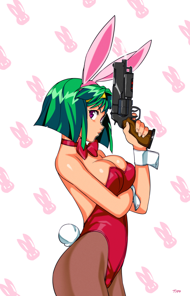 1girl, animal_ears, breast_squeeze, breasts, bunny_girl, bunny_tail, bunnysuit, burn-up_w