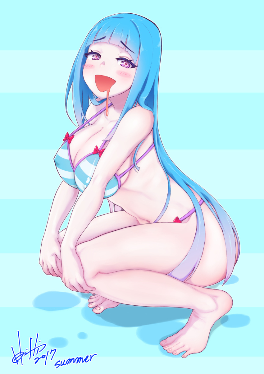1girl, :d, ass, bangs, barefoot, bikini, blue_hair, blunt_bangs