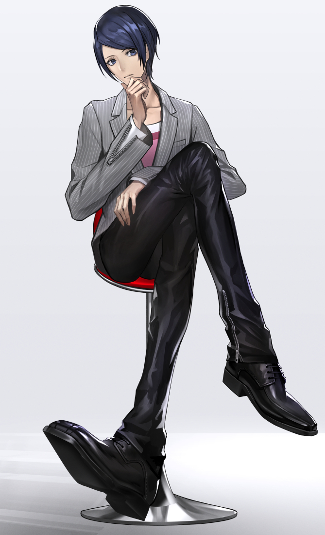 1boy, blue_eyes, blue_hair, chair, kitagawa_yuusuke, looking_at_viewer, male_focus, persona