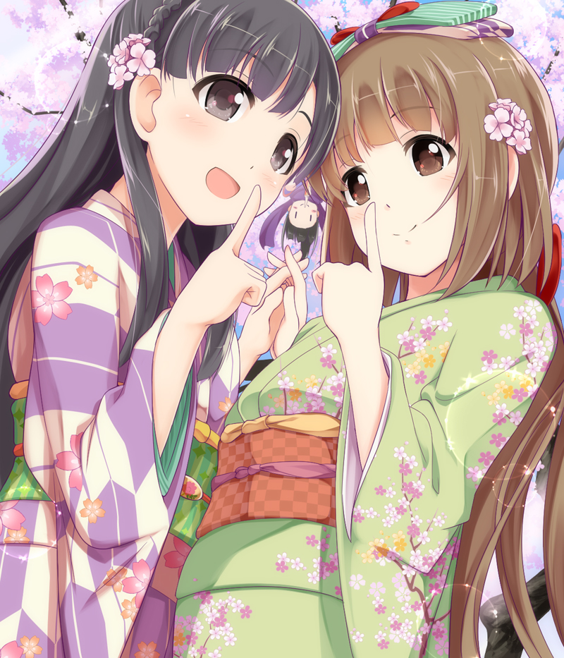 10s, 3girls, bangs, black_eyes, black_hair, blunt_bangs, blush, braid, brown_eyes, brown_hair, cherry_blossoms, eyebrows_visible_through_hair, floral_print, flower, furisode, green_kimono, hair_flower, hair_ornament, hair_ribbon, hamaguchi_ayame, hand_holding, hanging, hanging_from_tree, idolmaster, idolmaster_cinderella_girls, index_finger_raised, interlocked_fingers, japanese_clothes, kimono, kobayakawa_sae, lens_flare, long_hair, long_sleeves, multiple_girls, obi, open_mouth, outdoors, pointing, pointing_up, ponytail, ribbon, sash, sch, smile, striped, striped_kimono, sunlight, tree, upside-down, very_long_hair, wide_sleeves, yorita_yoshino