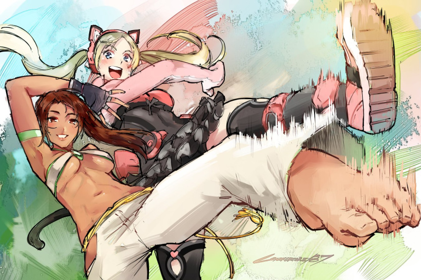 2girls, armband, armpits, barefoot, black_legwear, blonde_hair, blue_eyes, breasts