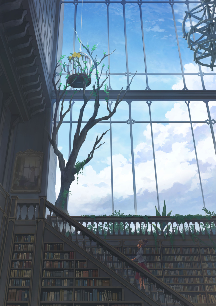 1girl, absurdres, birdcage, book, brown_hair, cage, clouds, commentary_request