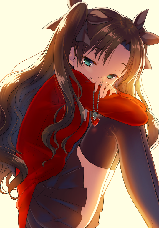 1girl, aqua_eyes, bangs, black_hair, black_legwear, black_ribbon, black_skirt, breasts, commentary, crossed_arms, fate/stay_night, fate_(series), hair_ribbon, himaya, holding, jewelry, knees_up, legs_together, light, long_hair, long_sleeves, looking_at_viewer, necklace, parted_bangs, pleated_skirt, ribbon, sitting, skirt, small_breasts, solo, sweater, thigh-highs, tohsaka_rin, two_side_up, yellow_background