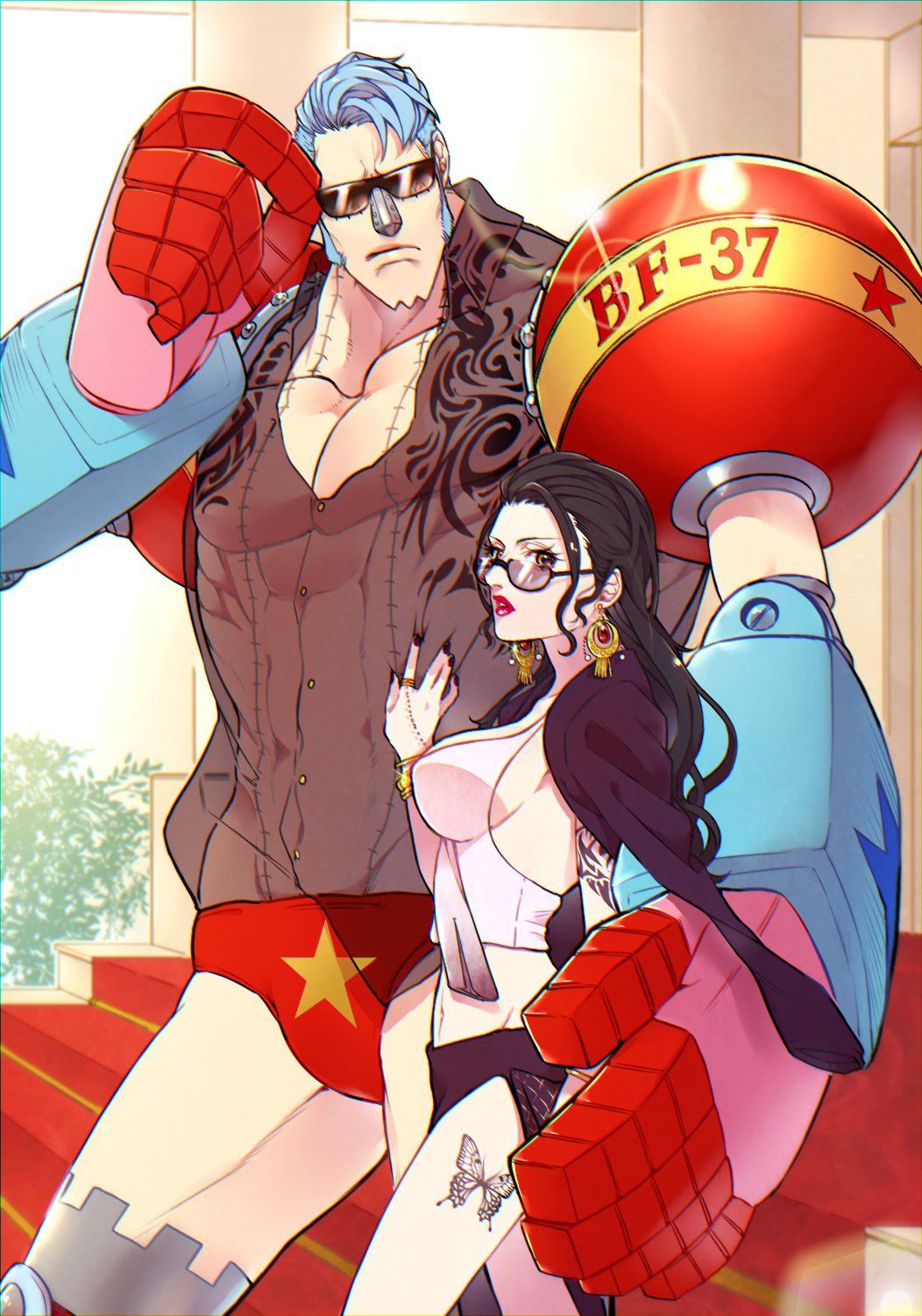 1boy, 1girl, adjusting_sunglasses, alternate_costume, arm_at_side, arm_tattoo, bare_legs, bespectacled