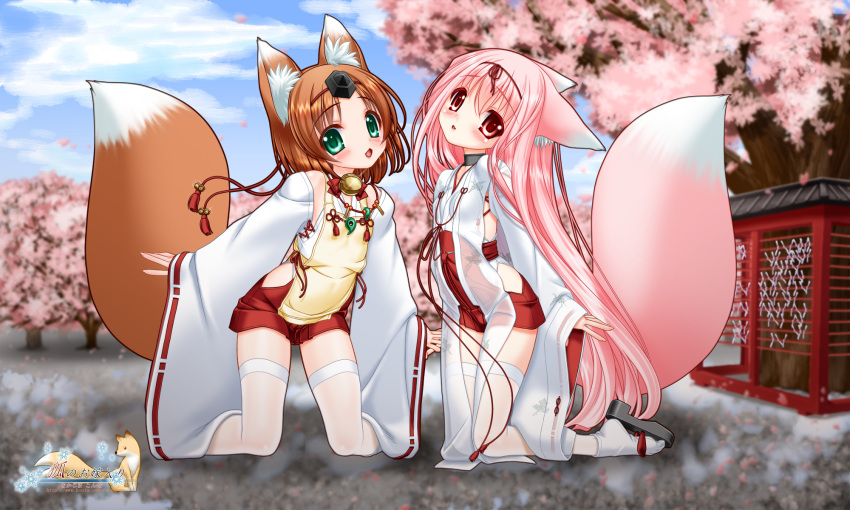 2girls, animal_ears, apron, bead_necklace, beads, bell, blush, brown_hair