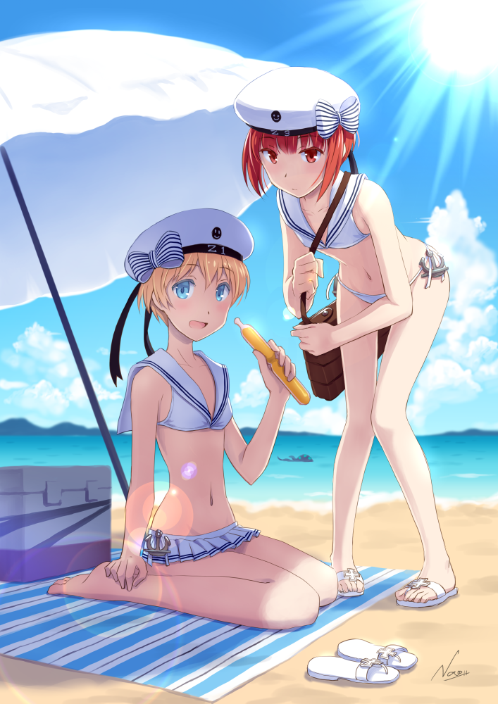 2girls, auburn_hair, beach, beach_umbrella, bikini, blonde_hair, blue_eyes, brown_eyes