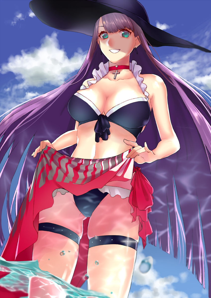 1girl, bangs, bikini, blue_eyes, breasts, choker, cleavage, commentary_request