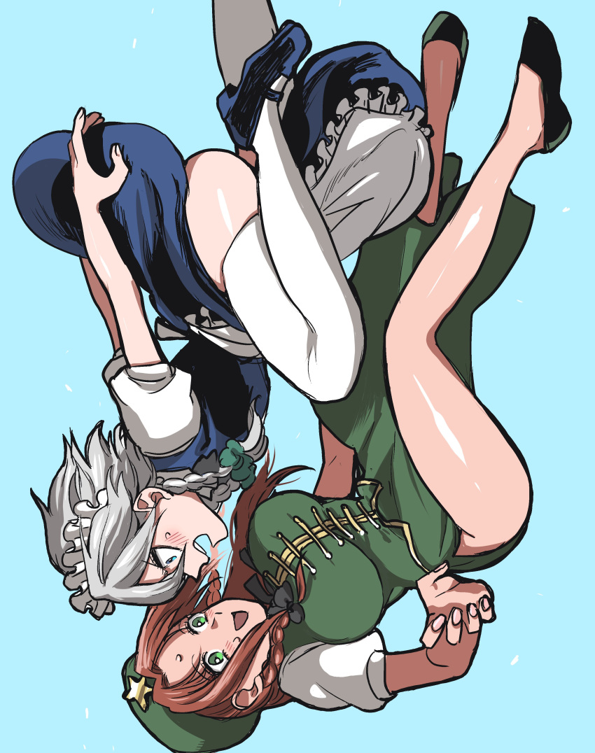 2girls, :d, absurdres, blue_eyes, blush, braid, brown_hair, china_dress