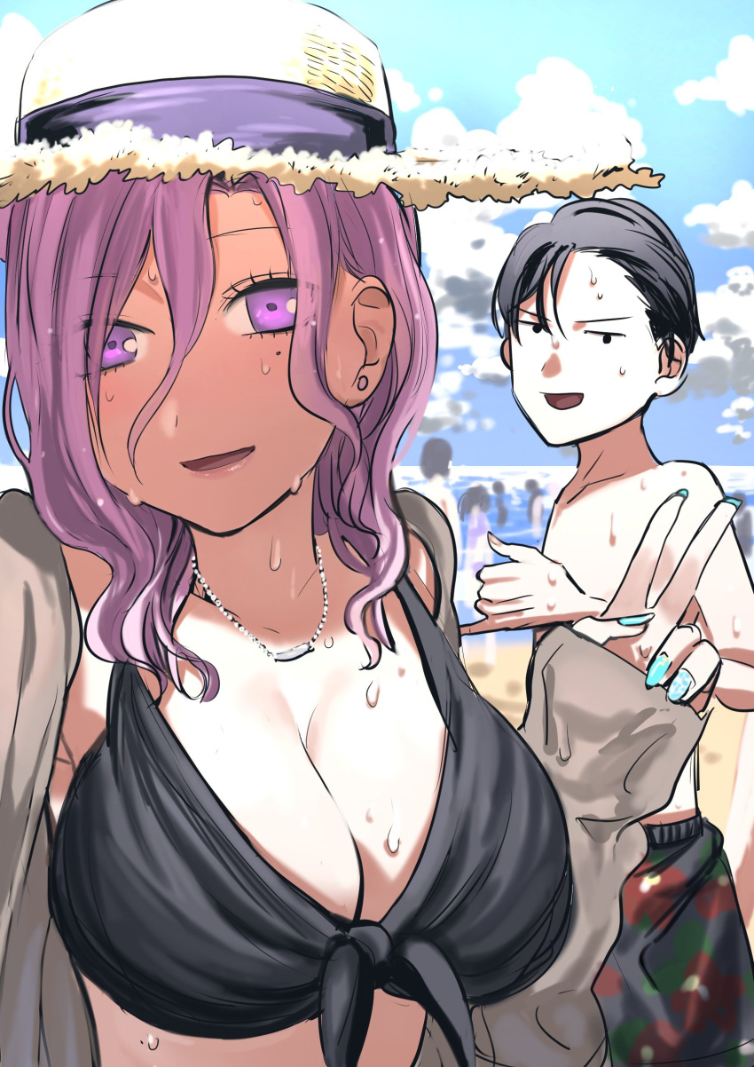 1boy, 1girl, :d, bikini, black_bikini, black_hair, blue_nails, breasts, cleavage, hat, highres, jewelry, koharu_(gomi_ik), large_breasts, long_hair, looking_at_viewer, male_swimwear, nail_polish, necklace, open_mouth, original, purple_hair, smile, swim_trunks, swimsuit, swimwear, upper_body, v, violet_eyes, wet
