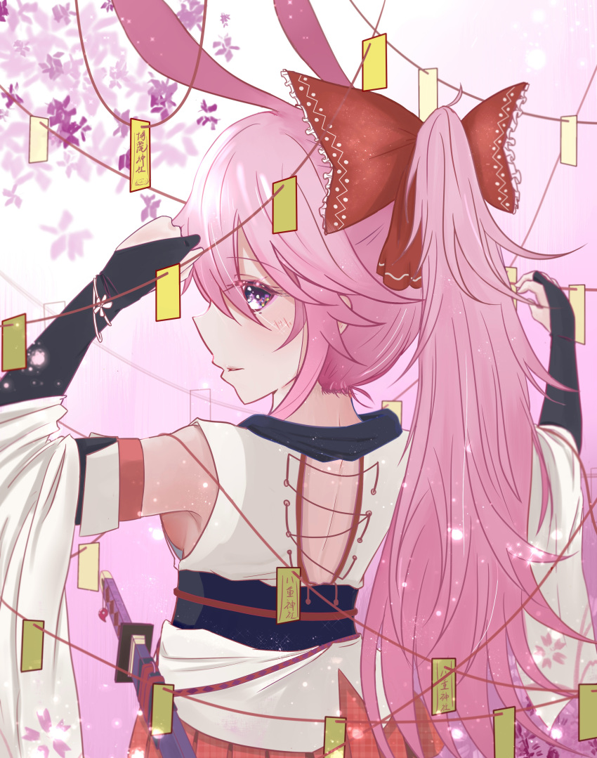 1girl, absurdres, animal_ears, benghuai_xueyuan, blush, bow, eyebrows_visible_through_hair, from_behind