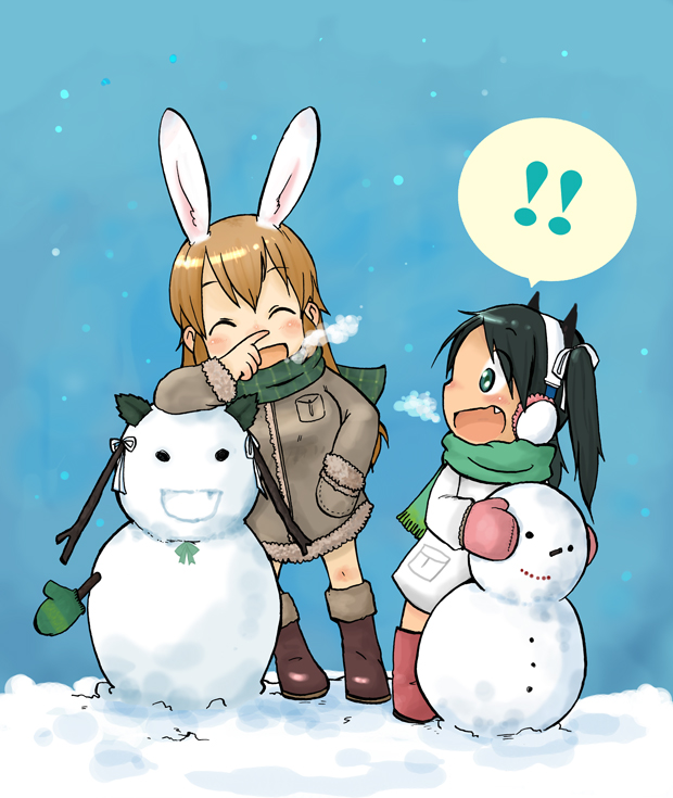 animal, animal_ears, boss_(artist), bunny_ears, charlotte, charlotte_e_yeager, chibi, coat, e, earmuffs, ears, francesca, francesca_lucchini, lucchini, multiple_girls, rabbit, scarf, snow, snowman, strike, strike_witches, witches, yeager