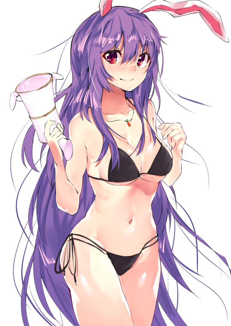 1girl, animal_ears, asuzemu, bikini, black_bikini, breasts, carrot_necklace, cleavage