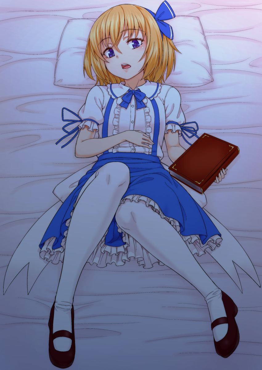 1girl, alice_margatroid, alice_margatroid_(pc-98), bed_sheet, blonde_hair, blue_eyes, blue_ribbon, blue_skirt