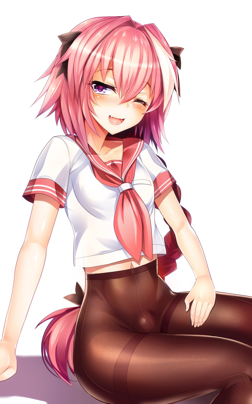 1boy, androgynous, black_bow, black_legwear, bow, braid, bulge, crossdressinging