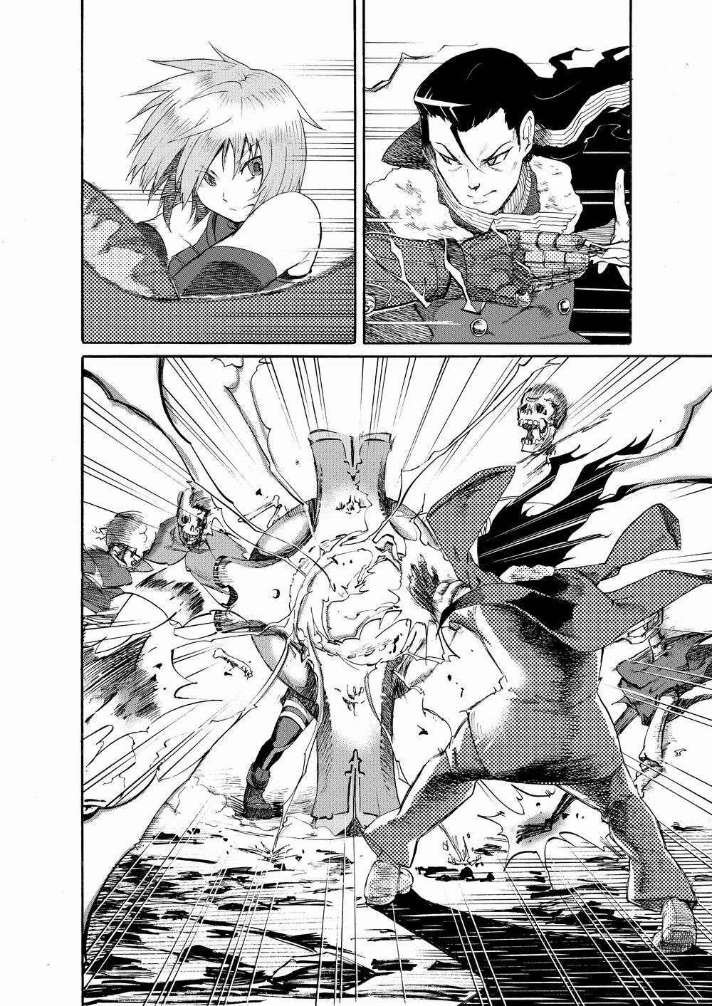 action, combined_attack, comic, electricity, fate/grand_order, fate_(series), highres, jacket_on_shoulders, lightning, monochrome, nikola_tesla_(fate/grand_order), shield, shielder_(fate/grand_order), skeleton