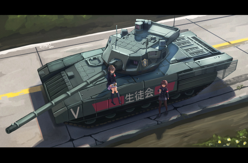 2girls, dreadtie, ground_vehicle, highres, military, military_vehicle, motor_vehicle, multiple_girls