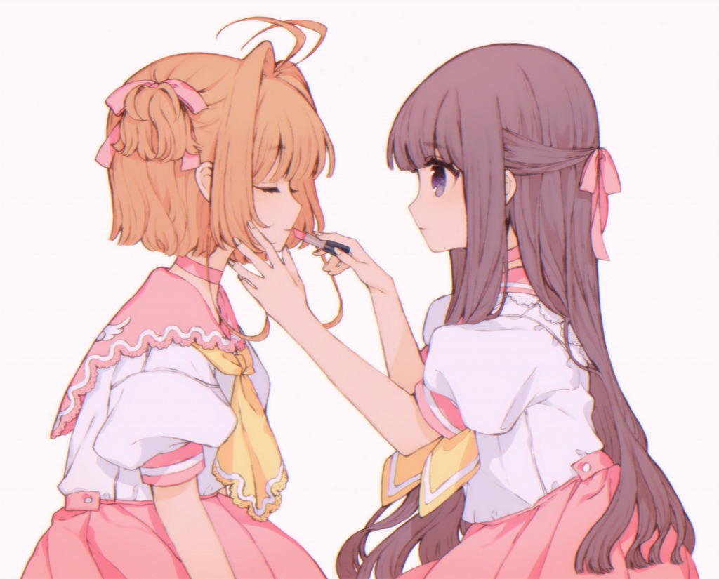 2girls, antenna_hair, bangs, black_hair, blush, brown_hair, card_captor_sakura, closed_eyes