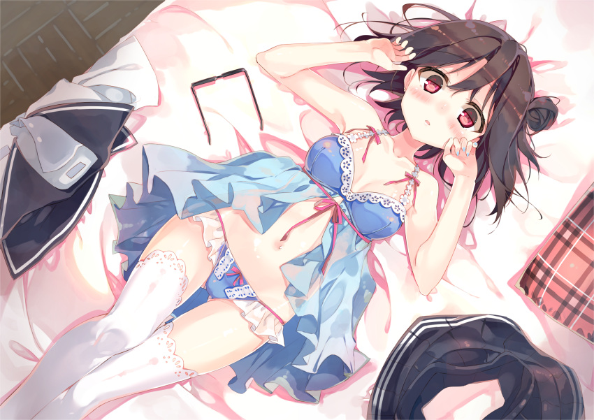 1girl, babydoll, bangs, bare_arms, bed_sheet, black_hair, black_skirt, blue_panties
