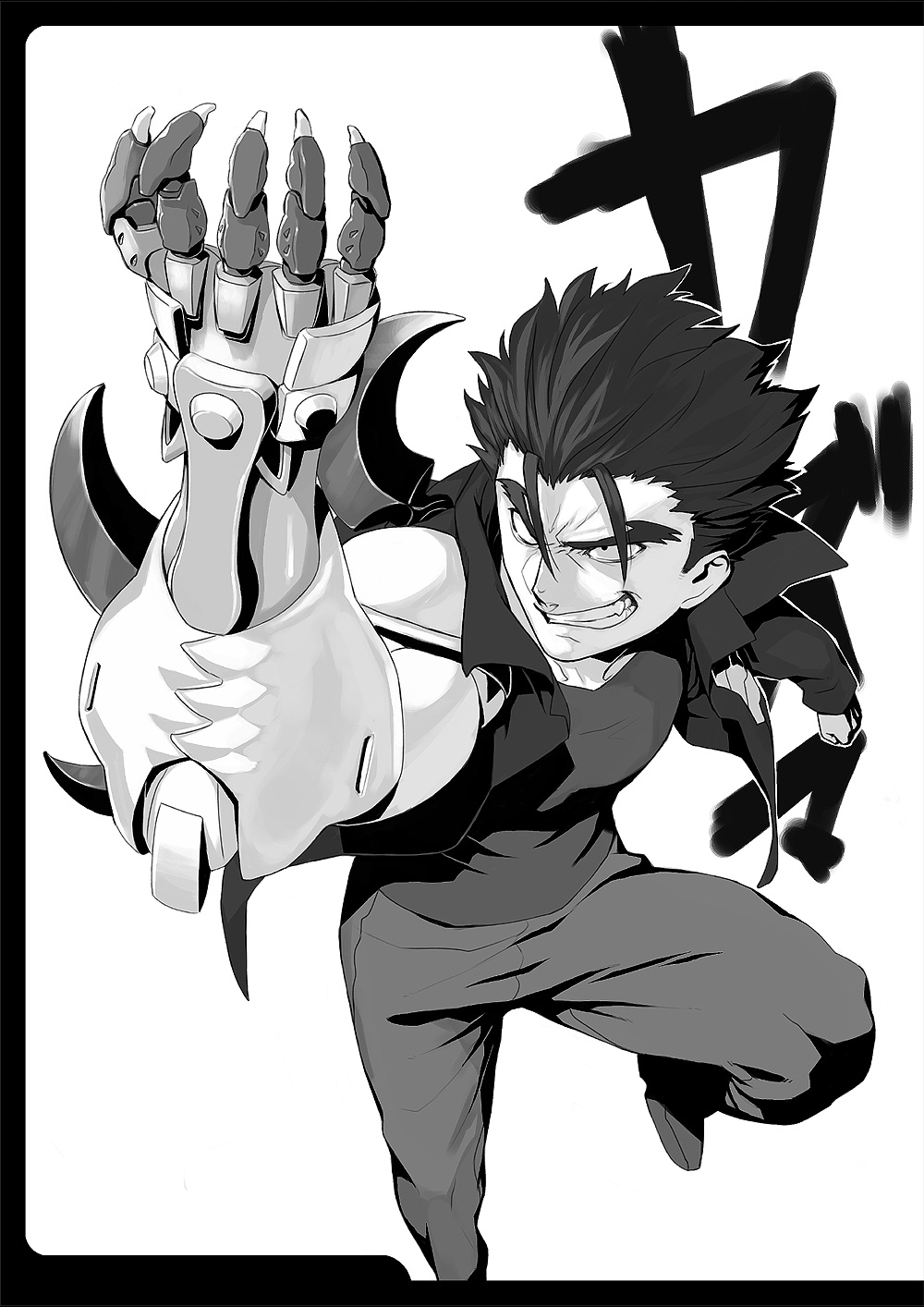 grin, highres, kazuma, kazuma_(scryed), male, monochrome, scryed, smile