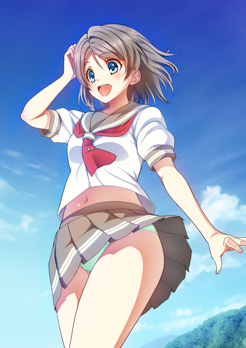 1girl, aqua_panties, blue_eyes, blue_sky, breasts, brown_hair, clouds, elbow_gloves