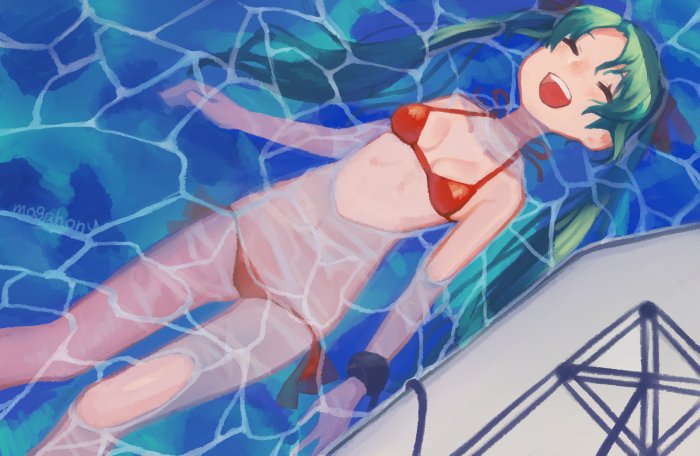 10s, 1girl, artist_name, bikini, bodyboard, closed_eyes, flat_chest, green_hair