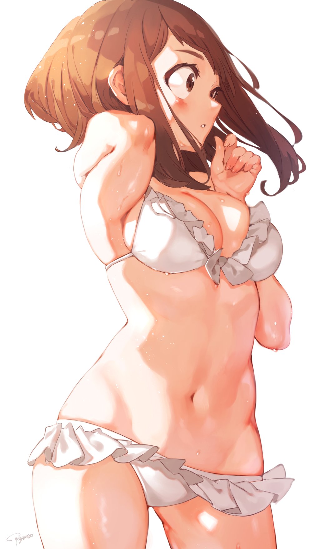 1girl, arm_behind_back, blush, bob_cut, boku_no_hero_academia, bra, breasts, brown_eyes