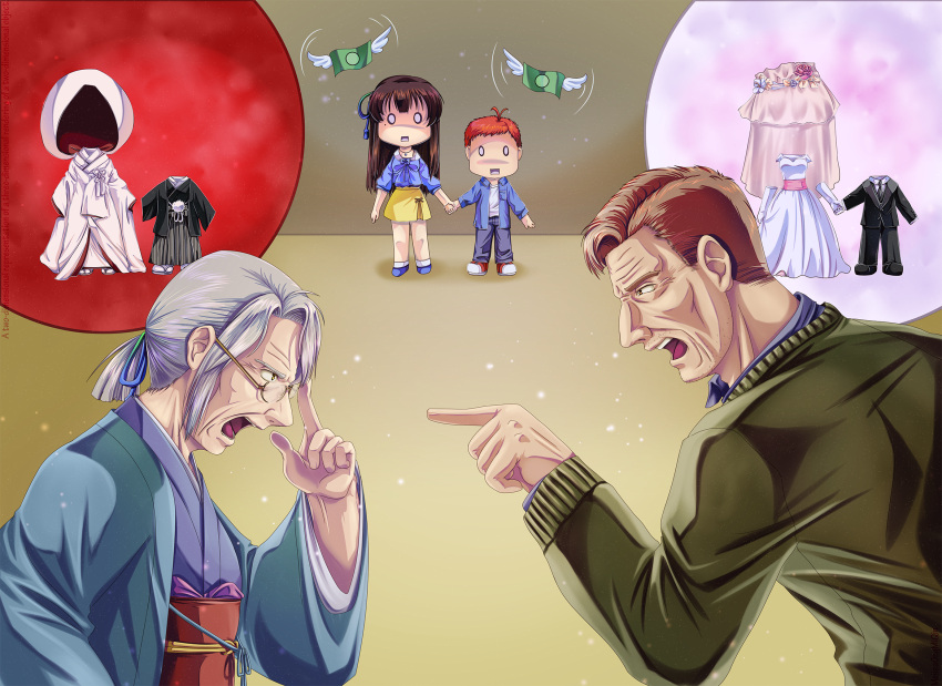 0_0, 10s, 2boys, 2girls, alternate_costume, arguing, black_hair, blue_ribbon