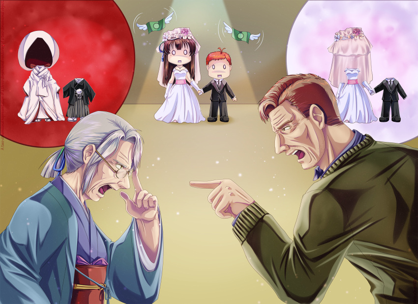 0_0, 10s, 2boys, 2girls, alternate_costume, arguing, black_hair, blue_ribbon