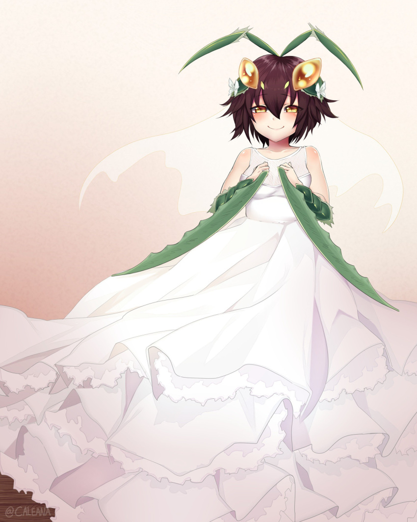 1girl, absurdres, alternate_costume, antennae, arm_blade, bare_shoulders, breasts, bridal_veil, bride, brown_hair, caleana, collarbone, dress, hands_on_own_chest, highres, insect_girl, jewelry, long_dress, looking_at_viewer, mantis_(monster_girl_encyclopedia), medium_breasts, monster_girl, monster_girl_encyclopedia, ring, short_hair, sleeveless, sleeveless_dress, smile, solo, twitter_username, veil, weapon, wedding_band, wedding_dress, yellow_eyes