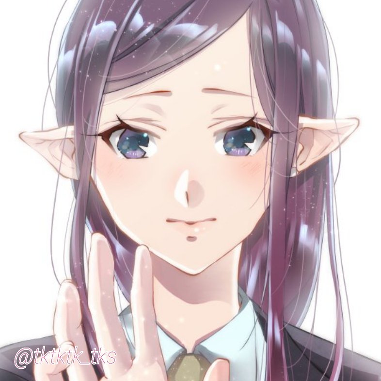 1girl, bangs, face, lips, long_hair, looking_at_viewer, macross, macross_delta, mirage_farina_jenius, pointy_ears, purple_hair, simple_background, solo, swept_bangs, tktktk_tks, twitter_username, violet_eyes, white_background