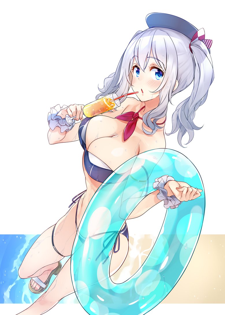 10s, 1girl, amayu, beret, bikini, blue_bikini, blue_eyes, blush