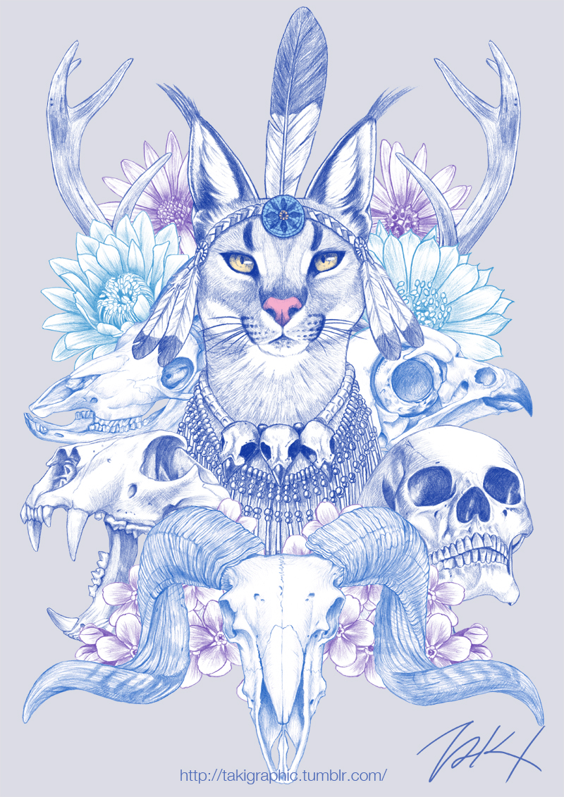antlers, bird_skull, caracal, flower, headdress, looking_at_viewer, no_humans, original