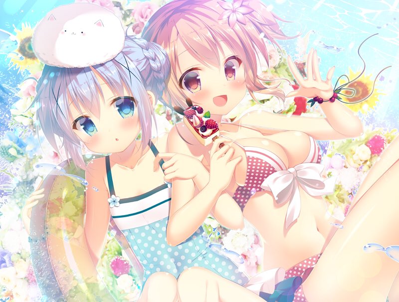 2girls, :d, bare_shoulders, bikini, blue_eyes, blue_hair, blush, braid