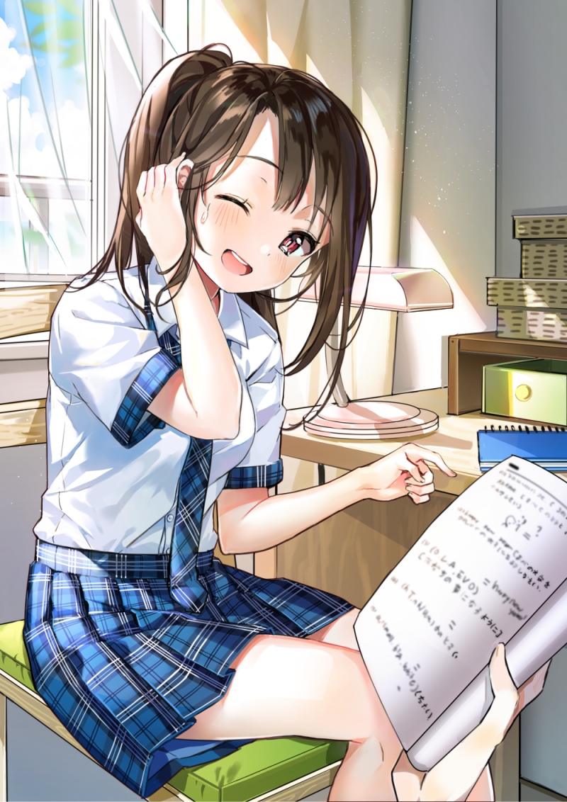 1girl, :d, blue_necktie, blue_skirt, blush, book, breasts, brown_hair