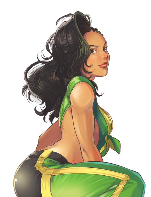 1girl, black_hair, breasts, brown_eyes, cornrows, front-tie_top, large_breasts, laura_matsuda