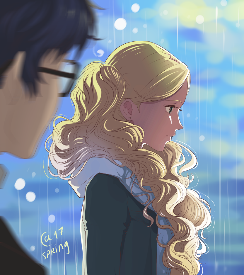1boy, 1girl, 2017, amamiya_ren, atlus, blonde_hair, blue_eyes, blurry, depth_of_field, earrings, glasses, jewelry, kurusu_akira, long_hair, looking_down, love, megami_tensei, persona, persona_5, rain, sasha_gladysh, school_uniform, serious, takamaki_anne, twintails, wavy_hair