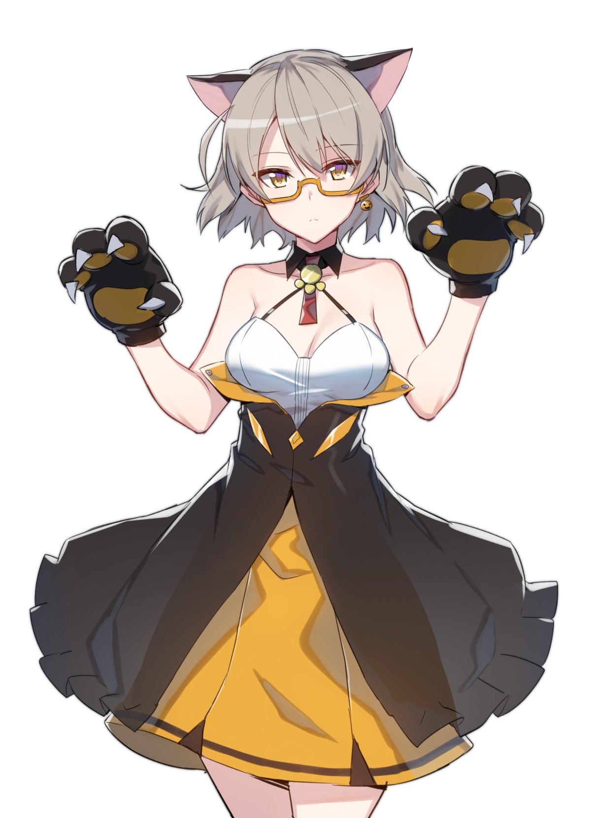 1girl, animal_ears, bare_shoulders, bikini, breasts, cat_ears, claw_pose, cleavage, closed_mouth, cowboy_shot, criss-cross_halter, detached_collar, dress, earrings, expressionless, eyebrows_visible_through_hair, girls_frontline, glasses, gloves, grey_hair, halterneck, highres, jack-o'-lantern, jack-o'-lantern_earrings, jewelry, looking_at_viewer, medium_breasts, paw_gloves, paws, semi-rimless_glasses, short_hair, simple_background, single_earring, solo, supernew, swimsuit, tdi_vector_(girls_frontline), underbust, white_background, yellow-framed_eyewear, yellow_bikini
