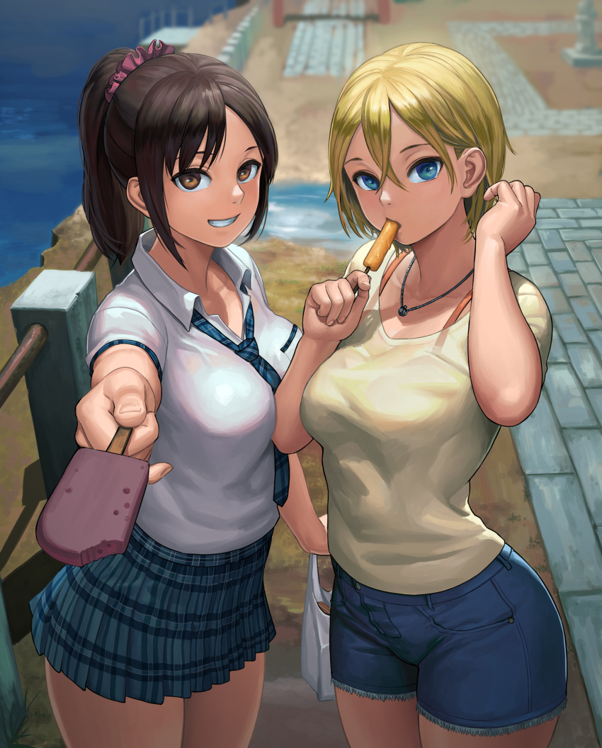 2girls, allison_(summer_lesson), black_hair, blonde_hair, blue_eyes, blue_shorts, blurry, breasts