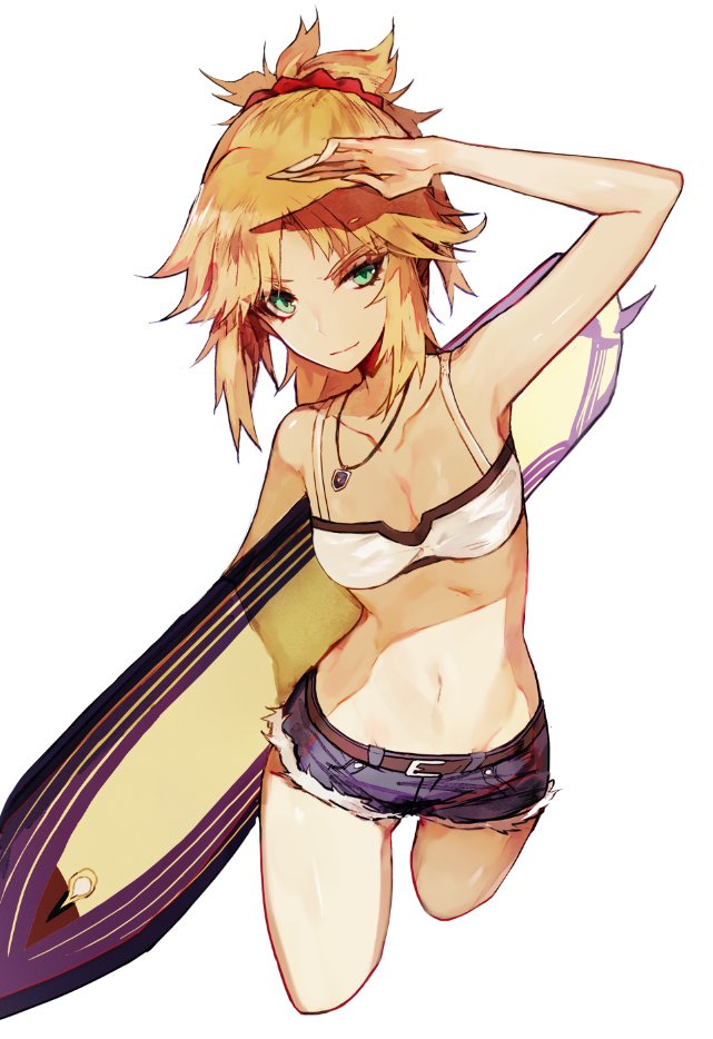 1girl, arm_up, blonde_hair, breasts, cowboy_shot, denim, denim_shorts, fate/apocrypha
