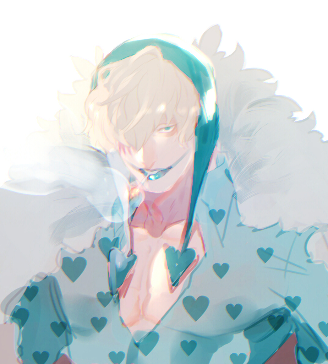 1boy, blonde_hair, cape, chest, cigarette, collarbone, collared_shirt, donquixote_rocinante