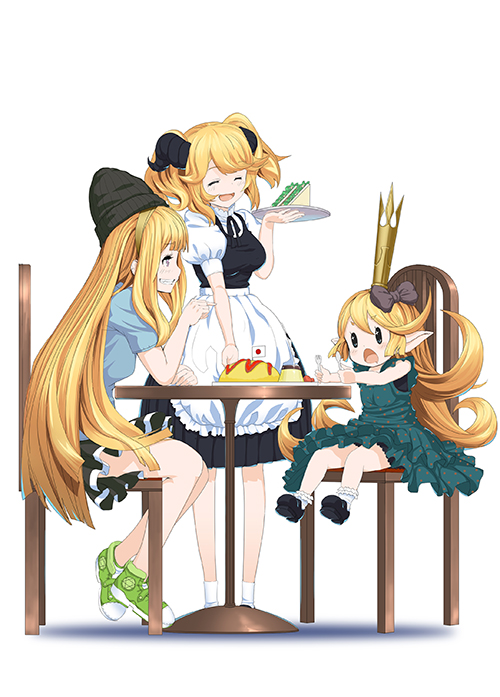 3girls, :o, aletta, alternate_costume, apron, beanie, blonde_hair, bow