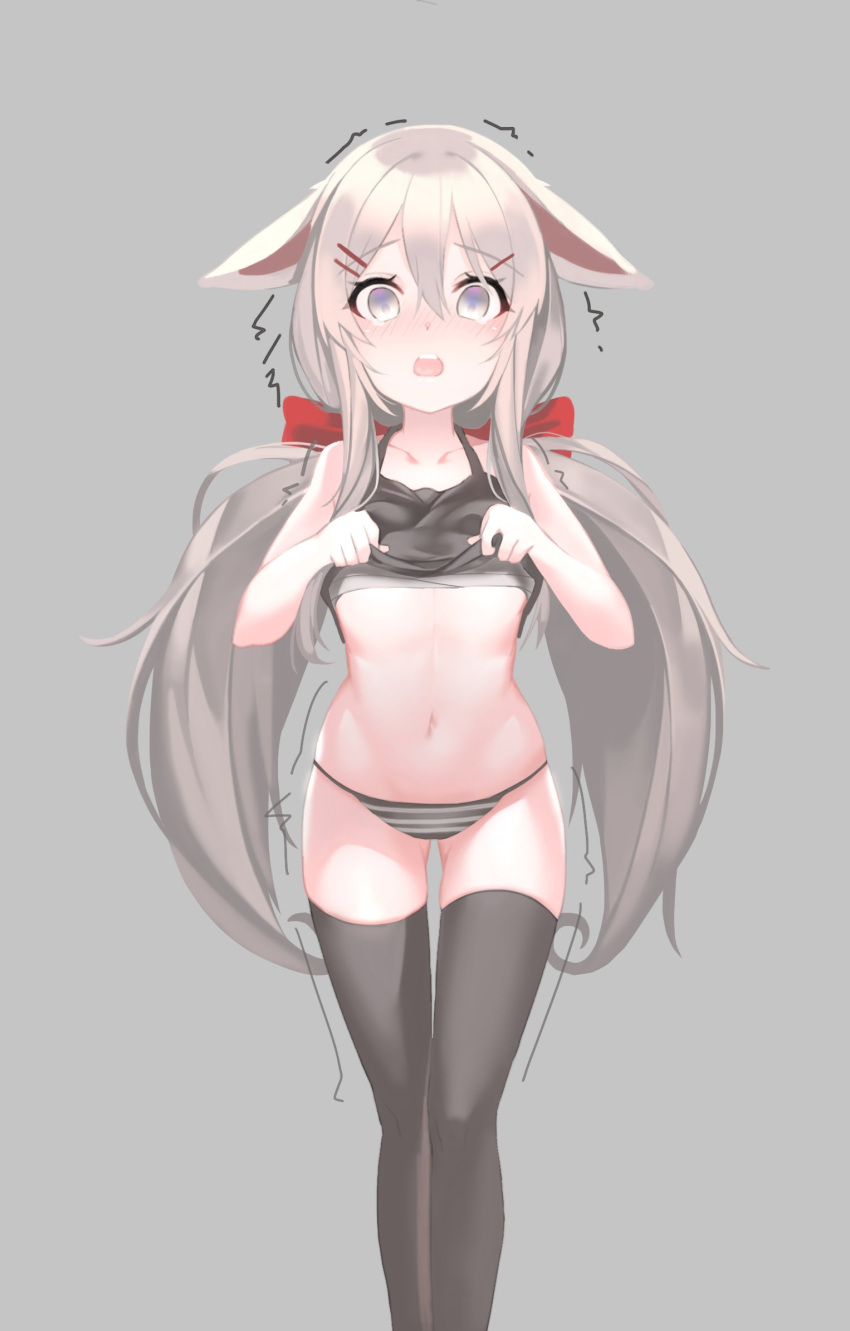 1girl, abs, animal_ears, aowltus209, black_legwear, black_panties, black_shirt, blush